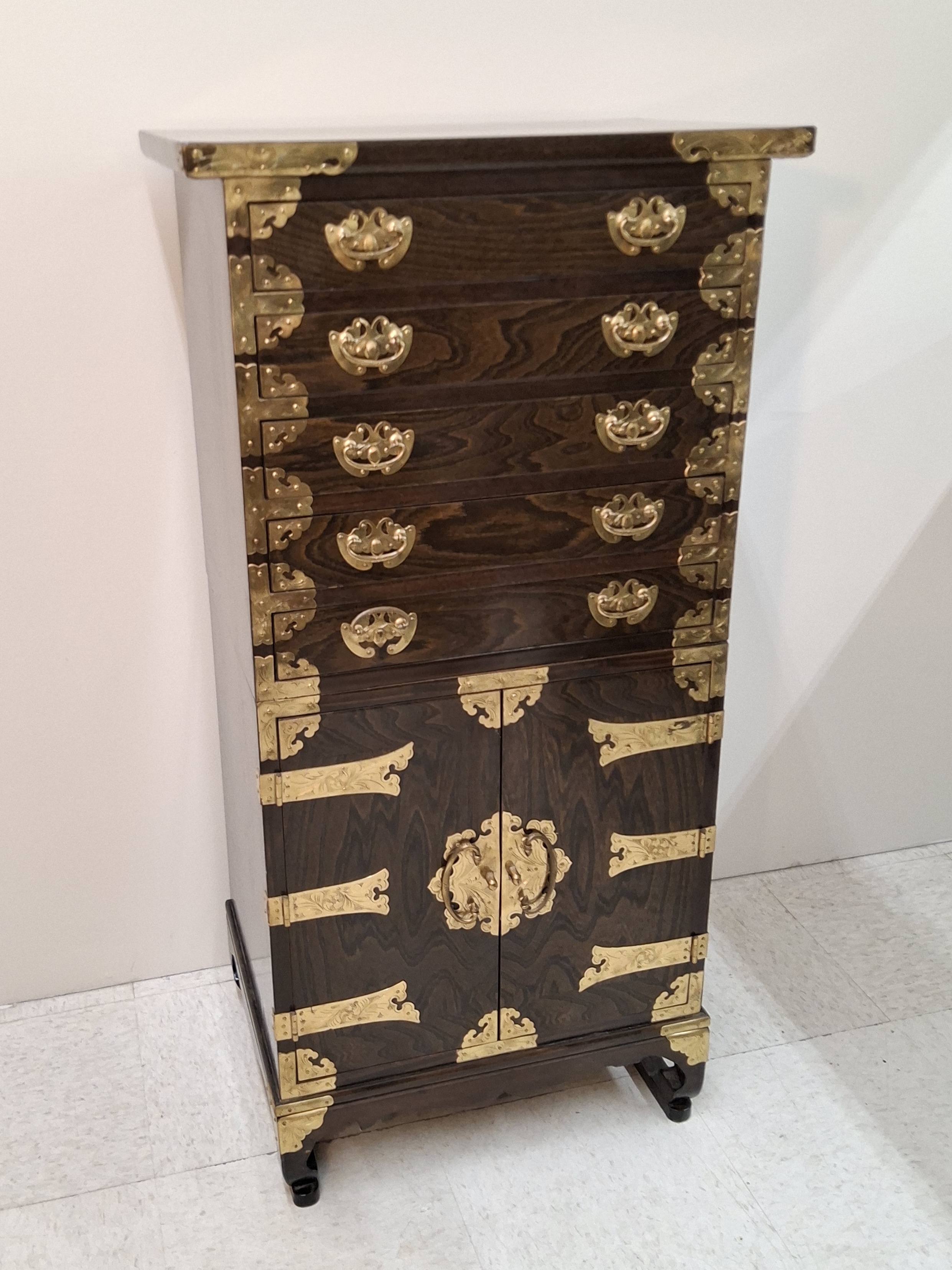Vintage Korean Brass-Trimmed Jewelry Chest with Red Velvet Lining