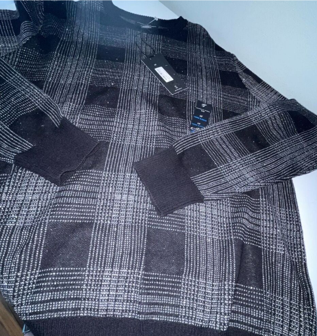 Crew Neck Sweater Plaid Metallic Size Large Tall