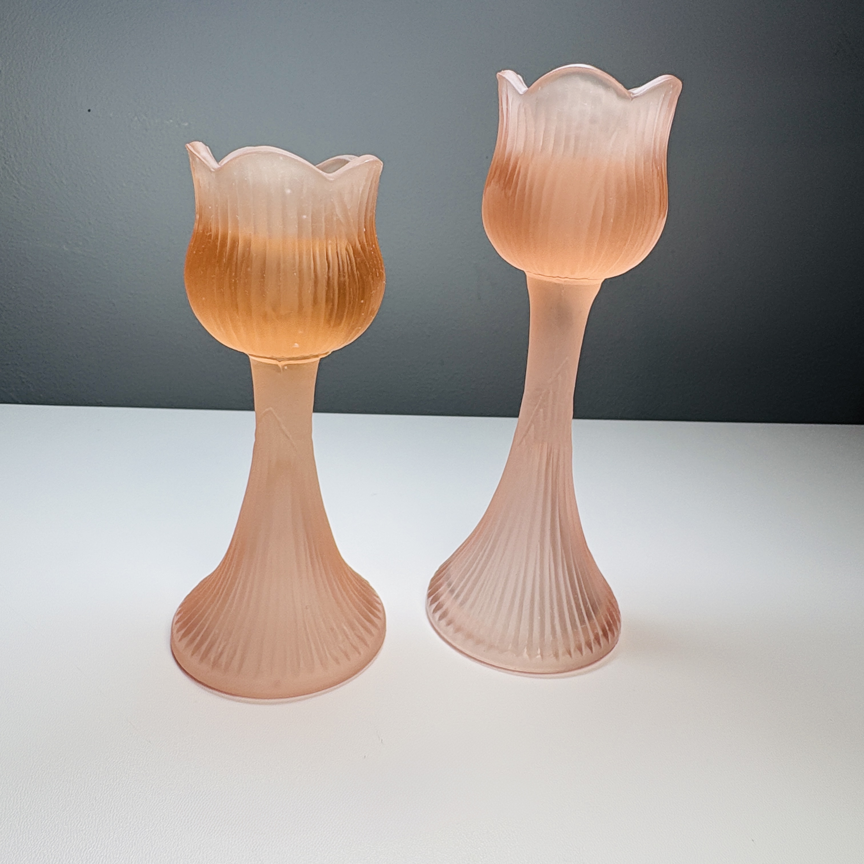 Vintage Pink Frosted Glass Tulip Candle Holders Art Deco