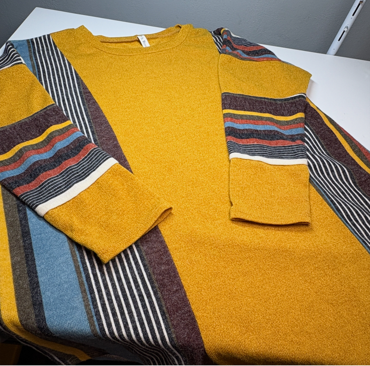 Long-Sleeve Shirt Size Small Mustard Multi-Stripe Color Block Crew Neck