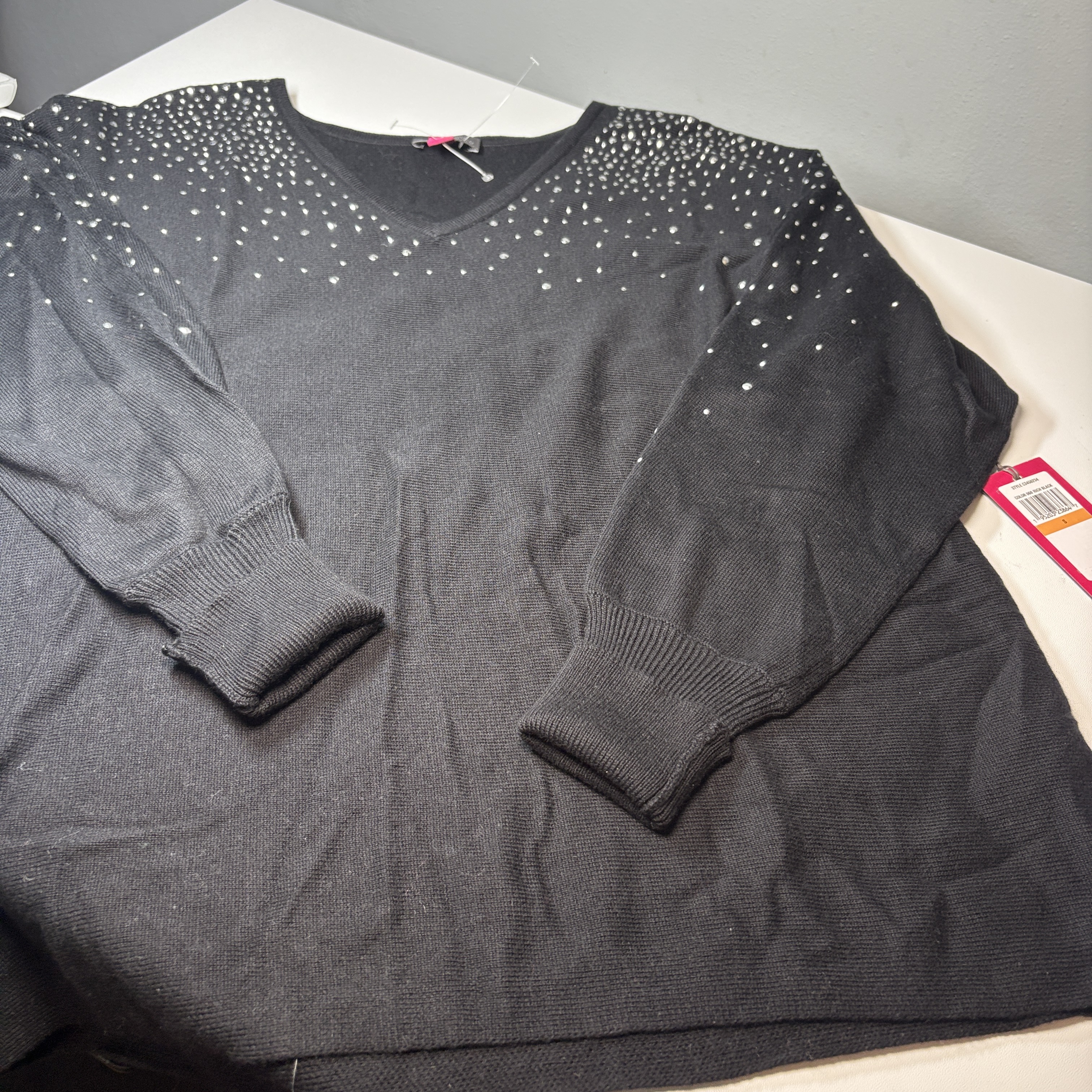 NWT Vince Camuto Womens Sweater Size S Black Rhinestone Shoulder Embellished