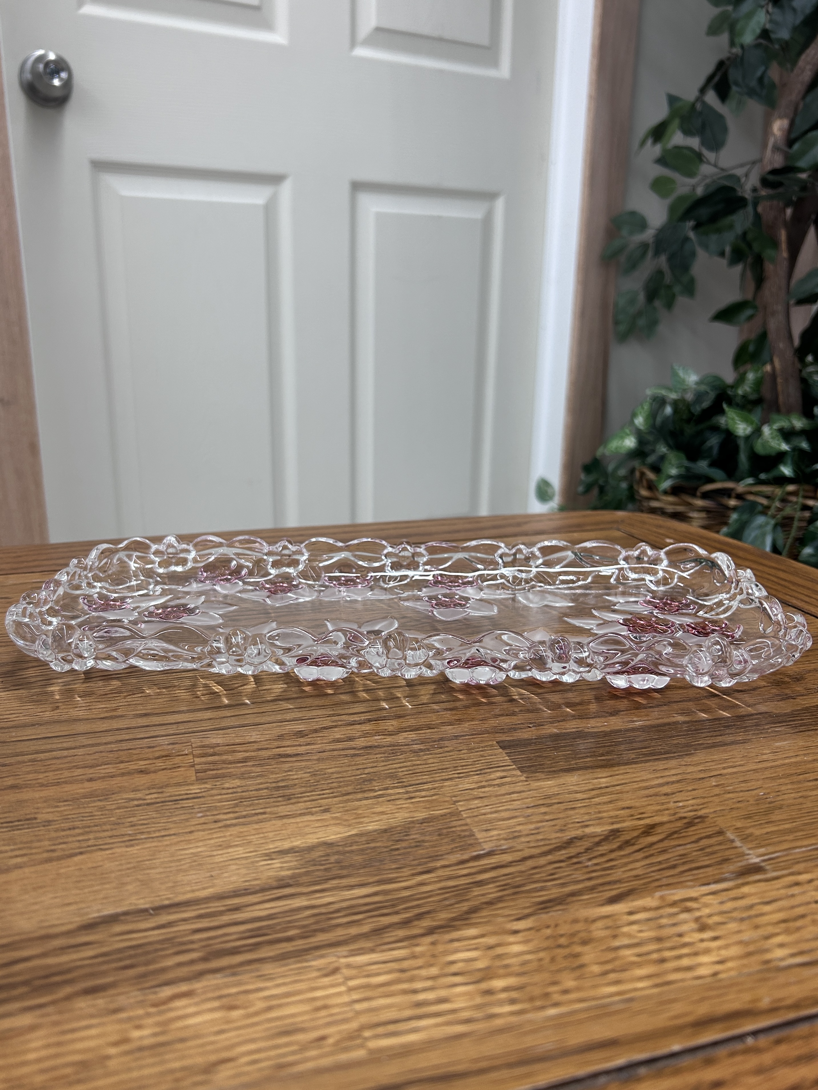 Pressed Glass Tray with Pink Floral Accents