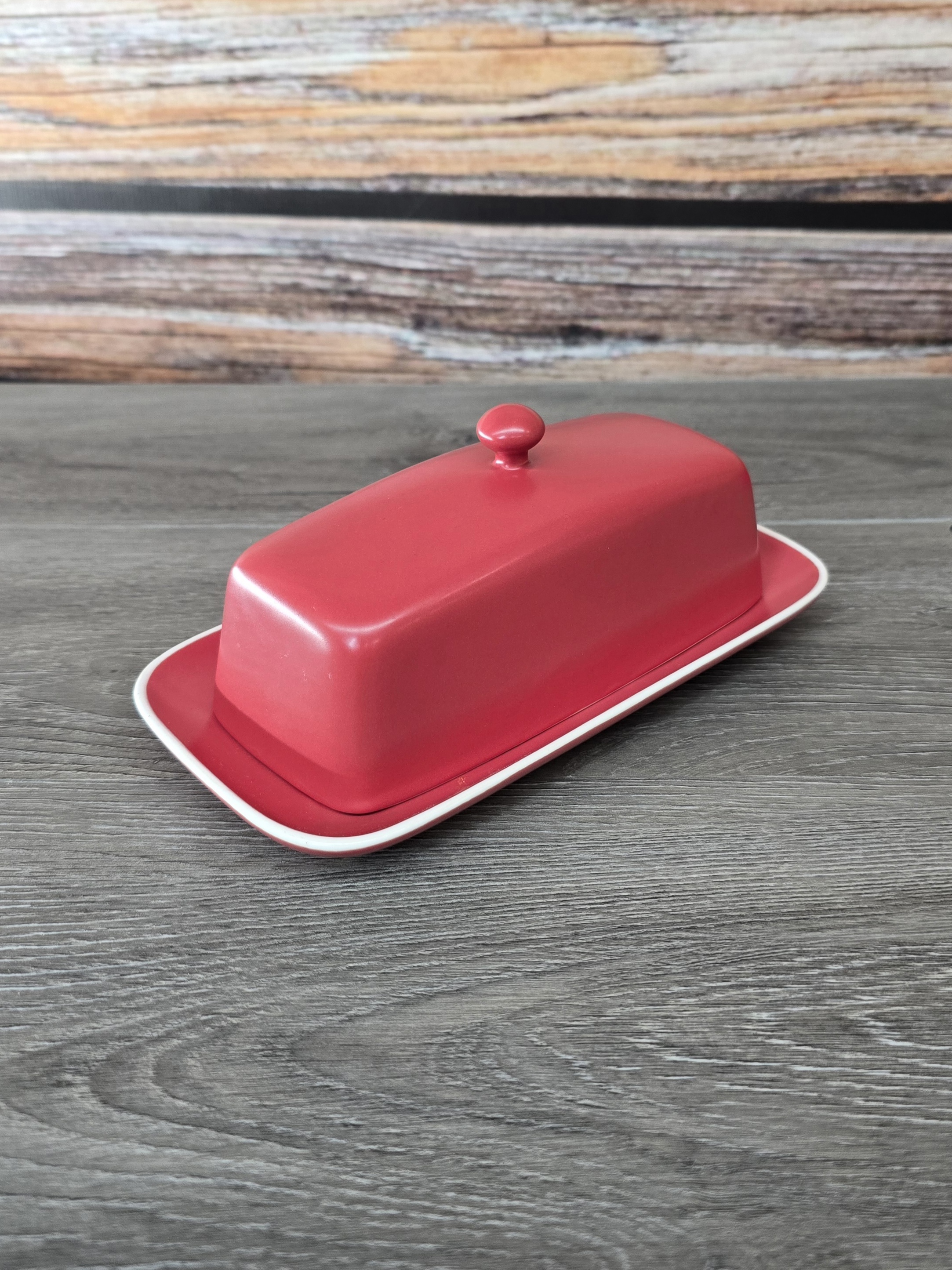 Cordon Bleu Red Ceramic Butter Dish with Lid & White Trim
