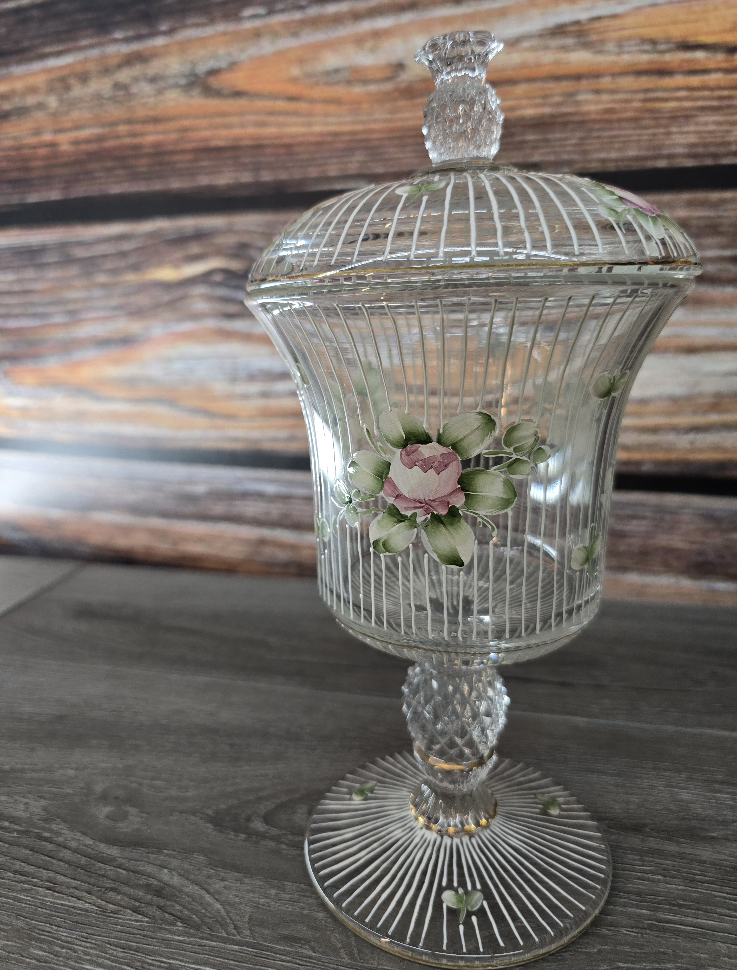 Vintage Crystal Covered Compote Hand Painted Pink Roses 10.25"H
