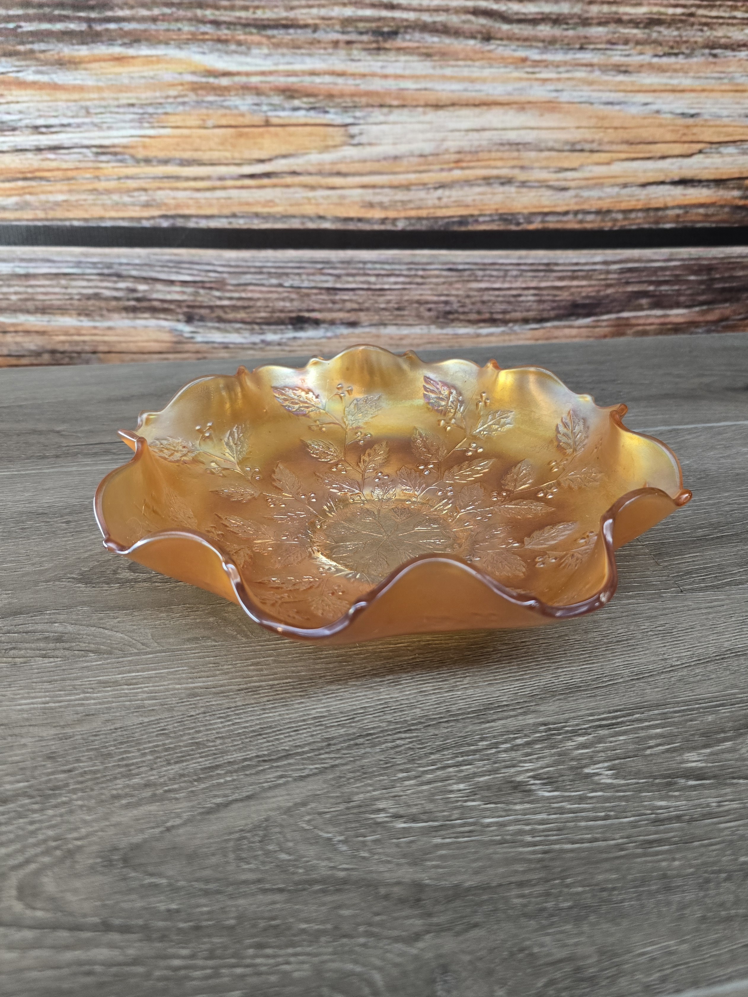 Vintage Marigold Carnival Glass Ruffled Bowl 9" Botanical Leaf Pattern