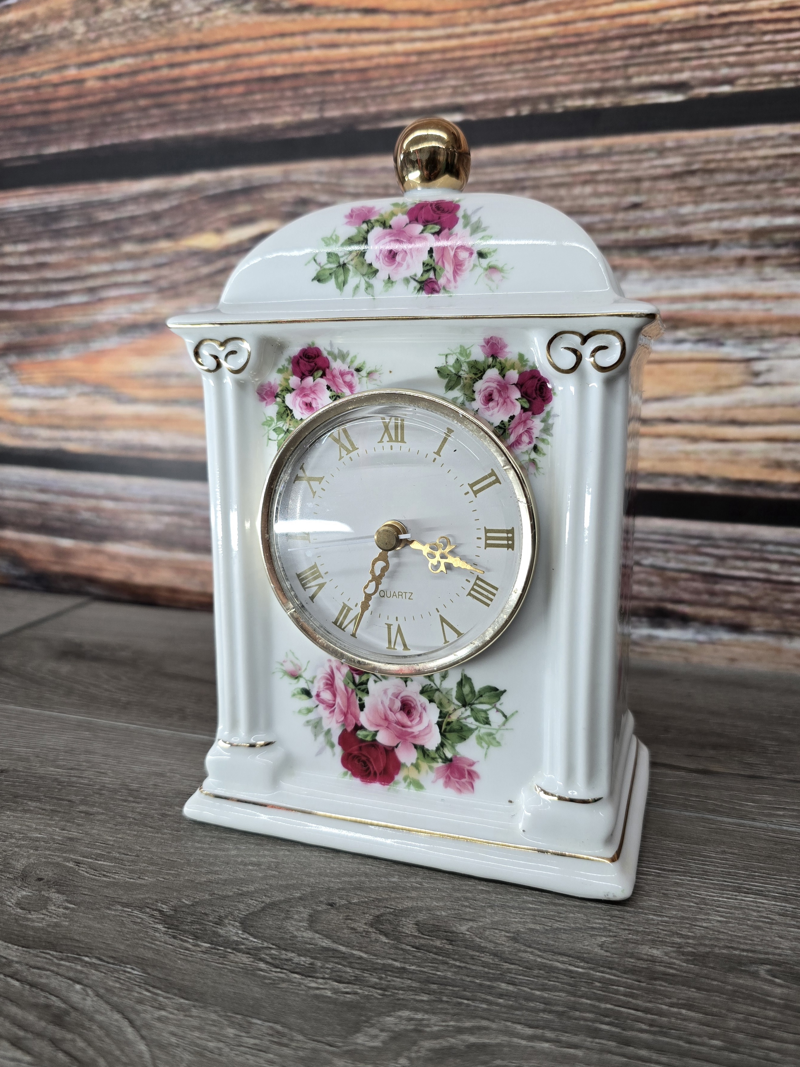 Vintage White Porcelain Mantel Clock Rose Floral Quartz 8.5"