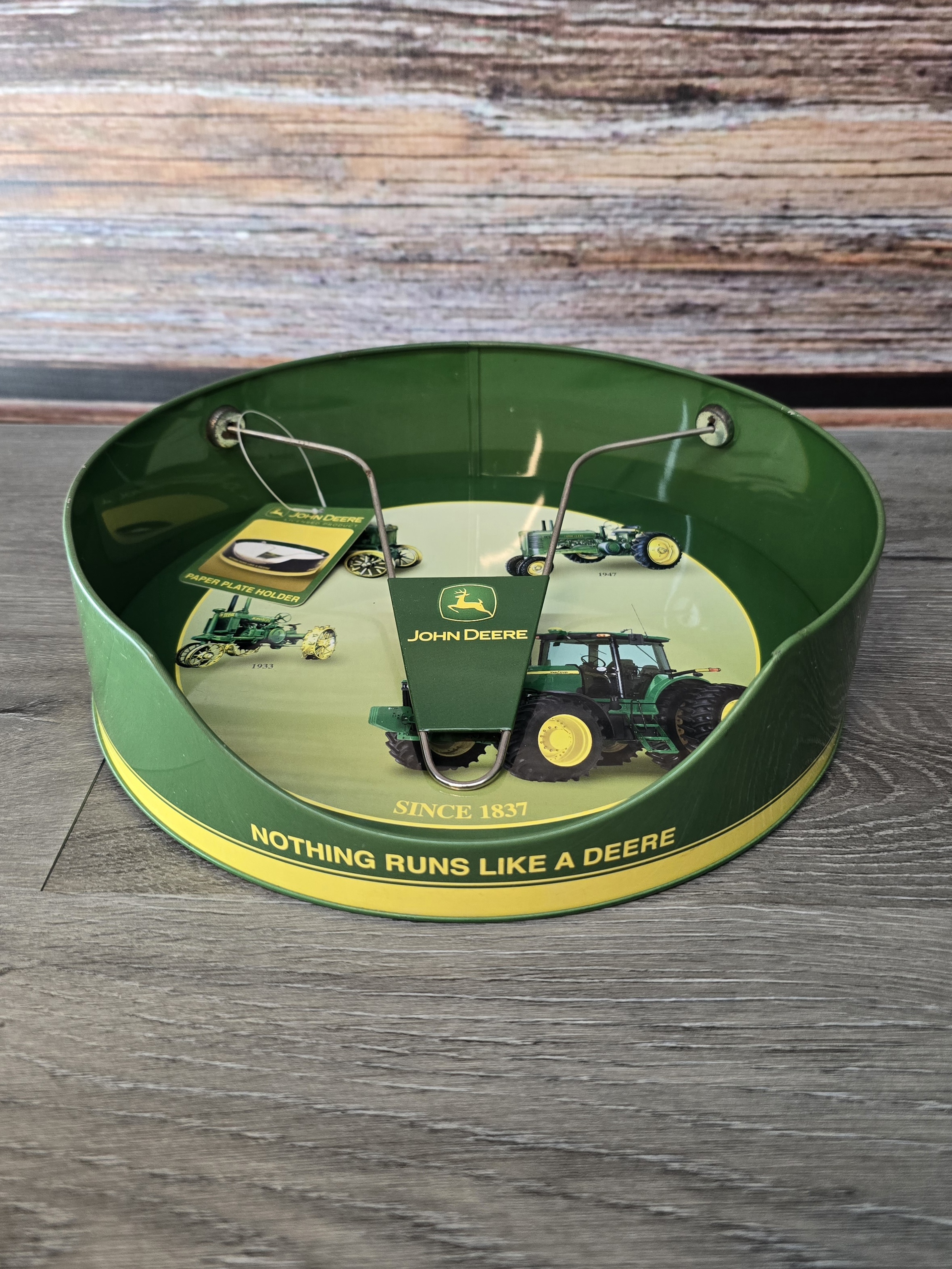 John Deere Paper Plate Holder Tin Box Co "Nothing Runs Like A Deere"