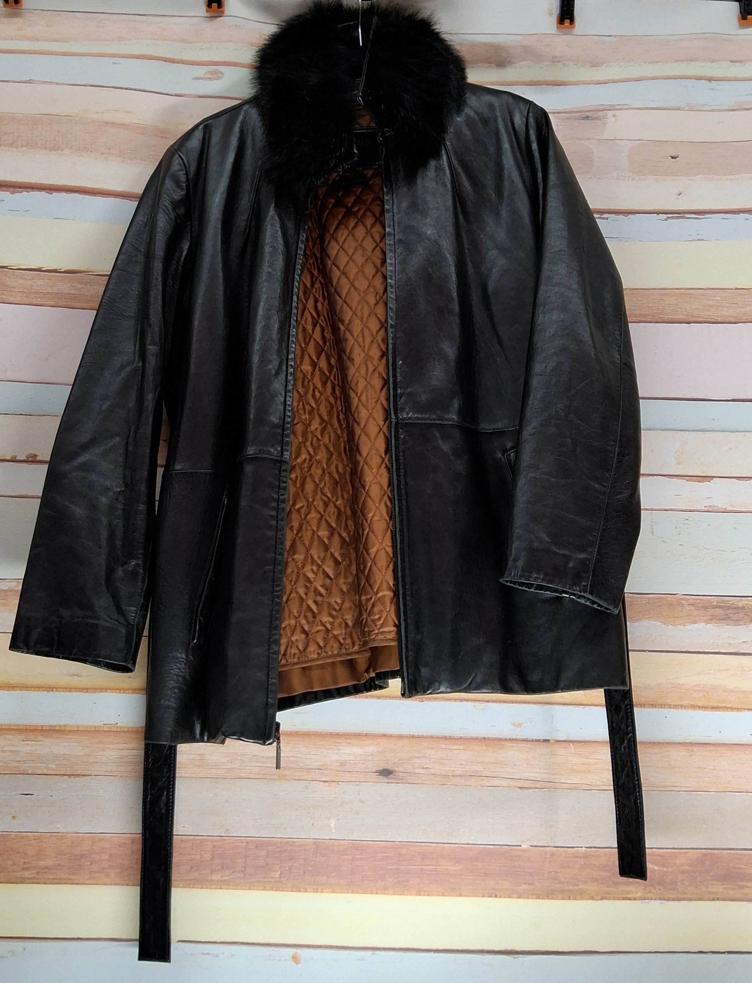 Wilsons Leather Black Belted Jacket with Faux Fur Collar XL