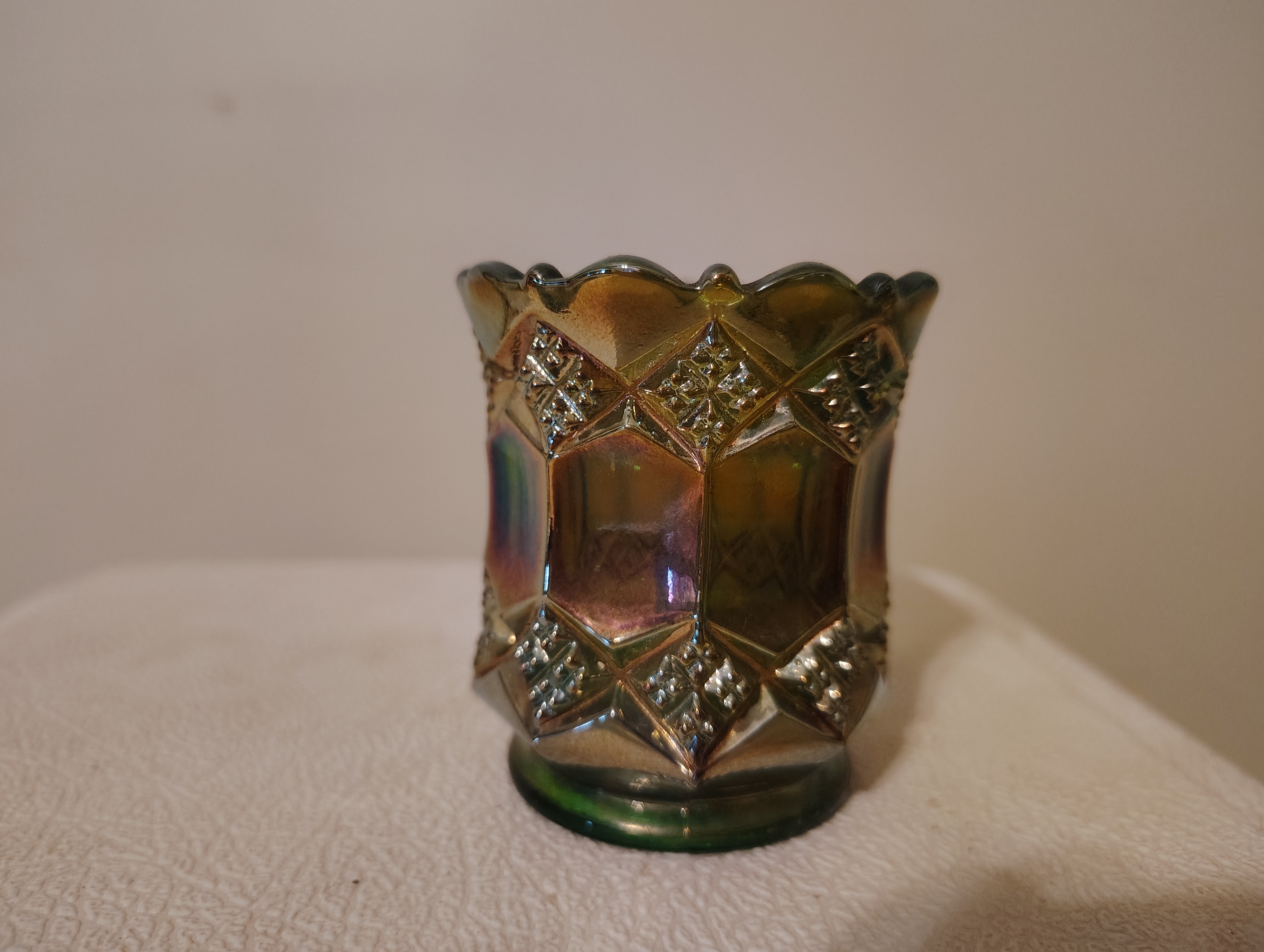 green carnival glass toothpick holder