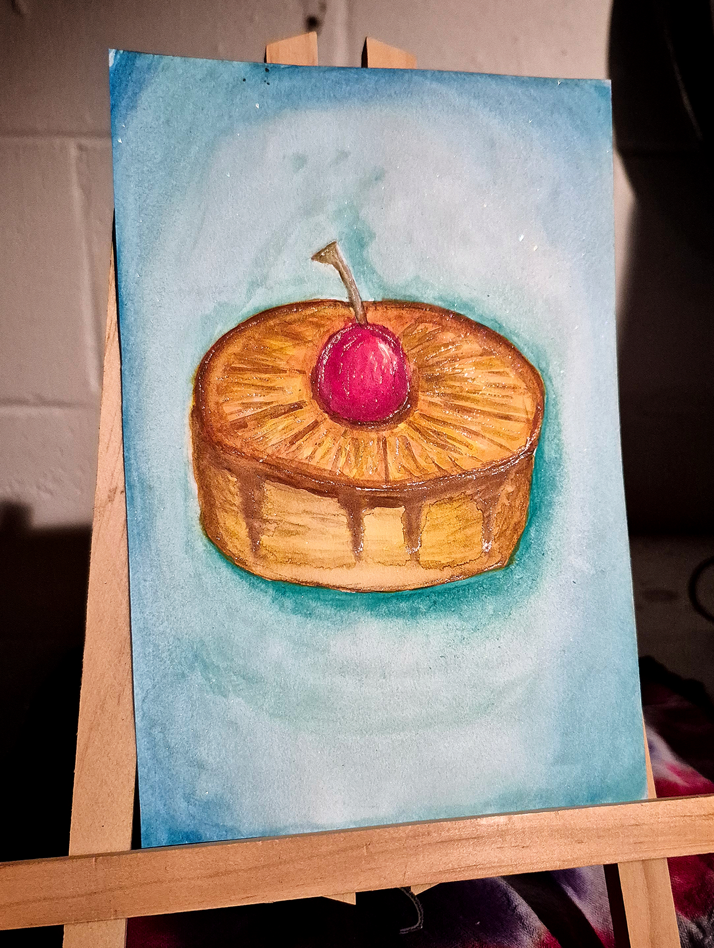 Pineapple 🍍 upside-down cake 🍒 watercolor painting on paper 5x7