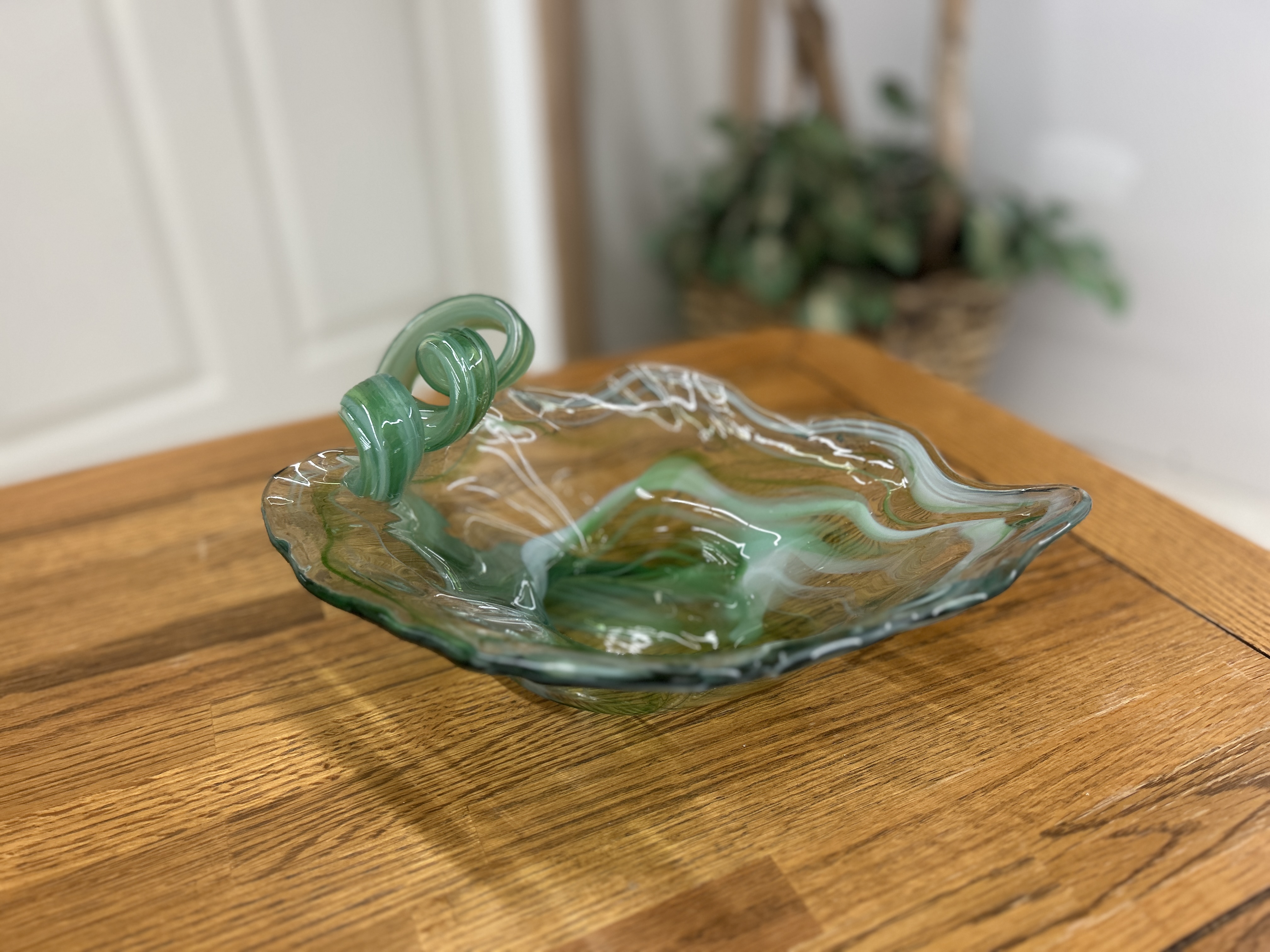 Hand-Blown Green Art Glass Basket Bowl