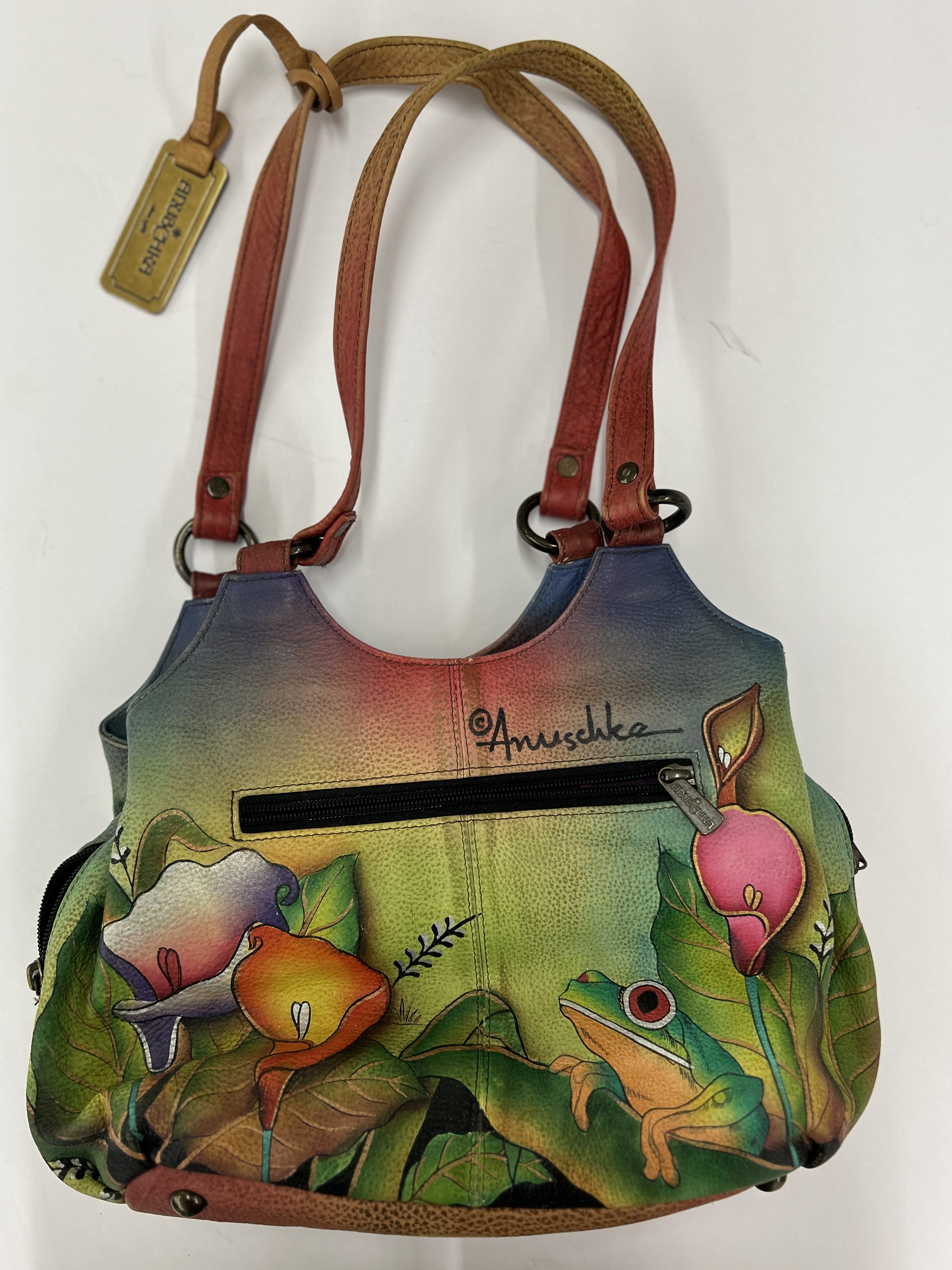 Anuschka Hand-Painted Leather Shoulder Bag – Floral & Animal Design