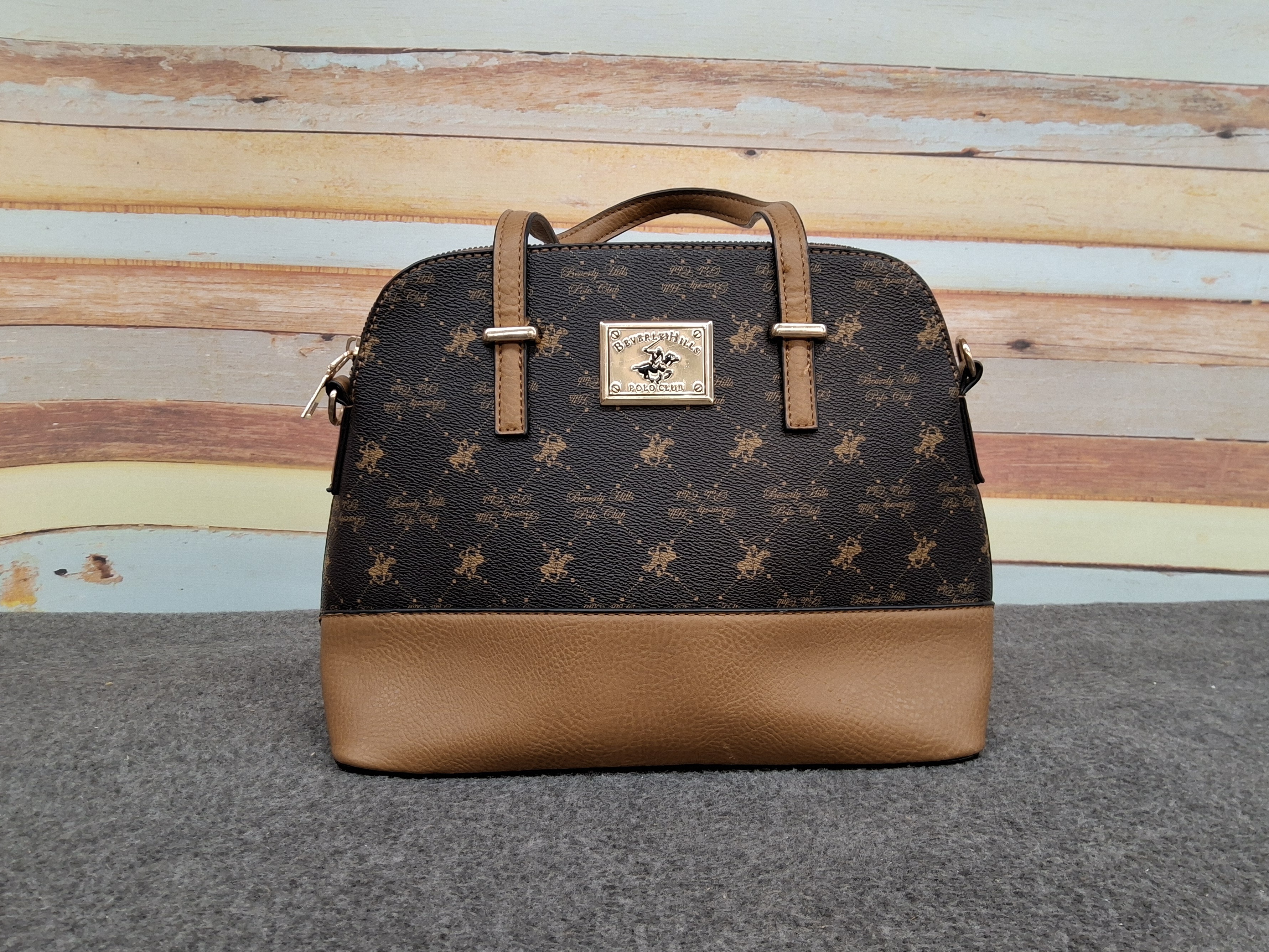 BEVERLY HILLS POLO CLUB Signature Logo Brown Tan PVC Canvas Satchel Crossbody